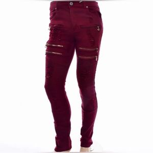 MEN’S FOCUS RIBBED ZIPPER JEANS-BURGUNDY